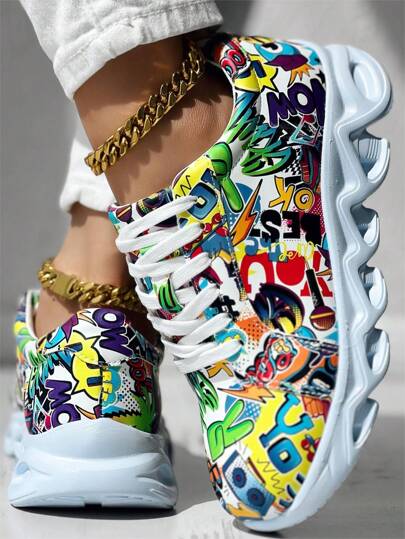 Zapatillas deportivas casuales con cordones y dibujos animados de colores y grafitis para mujer, zapatos planos de suela blanda para exteriores, nuevos zapatos de gran tamaño para mujer y pareja para volver al colegio en otoño