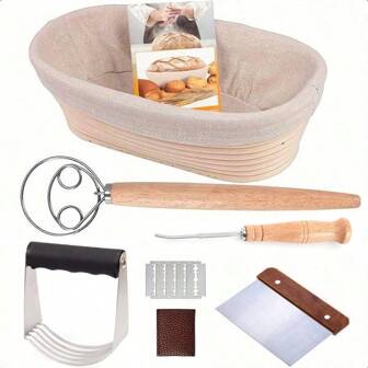 11/12 Pcs Bread Proofing Basket Set, Complete Sourdough Bread Lame & Banneton Proofing Basket Set Incl. 10-Inch Oval Bread Proofing Basket & Liner, Dough Scraper, Dough Mixer, Bread Lame