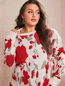 Simplee Women's Plus Size Fashion Red Floral Pattern Long Sleeve Sweater, Suitable For Dating, Christmas, New Year Wear - Red - View 4