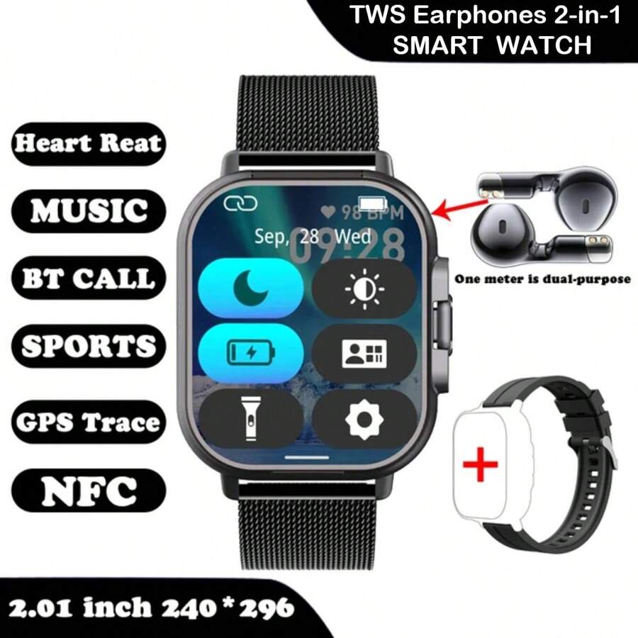 2.01 אינץ' TWS Smart Watch 2-in-1 אוזניות, ניטור בריאות, לוח שעונים ...