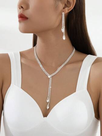 Fashionable Simple Lightweight Chain Necklace & Earrings Set, Rhinestone Decor, Suitable For Daily Wear For Women