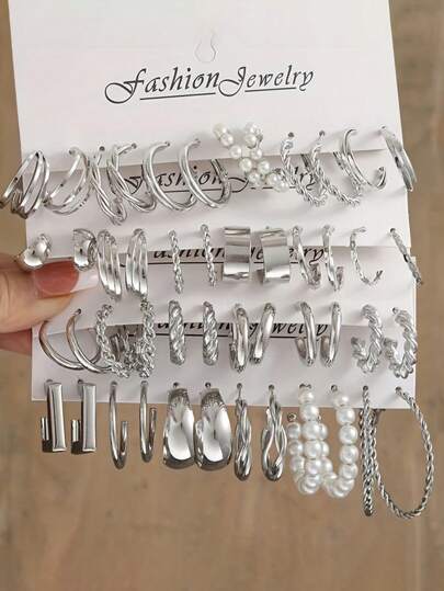 48pcs-12pcs Fashionable Minimalist Elegant Silver Geometric Faux Pearl C Shaped Spiral Twist Flower Heart Multi-Layer Women Party Earring Set, Birthday Holiday Date Accessory