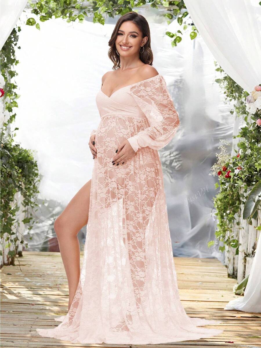 Maternity Lace Lantern Sleeve High Slit Photography Dress VNeck Off