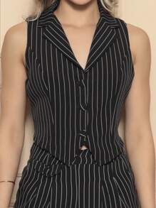 Women's Two Piece Set With Striped Vest And Pants - Black - View 1