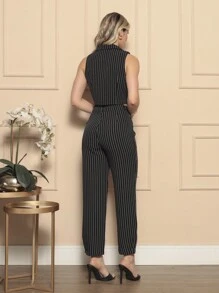 Women's Two Piece Set With Striped Vest And Pants - Black - View 2