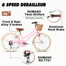 Glerc Missy 24" 26" Inch Girl Cruiser 6-Speed Hybrid City Bicycle For Youth Over 8 Years Old With Wicker Basket & Lightweight, Multiple Colors