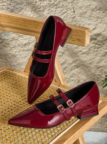 女士尖头平底玛丽珍鞋，酒红色亮面粗跟低跟鞋，带扣，学院风，春秋款，芭蕾款 - 酒紅色 - 查看 4