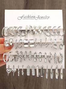 48pcs-12pcs Fashionable Minimalist Elegant Silver Geometric Faux Pearl C Shaped Spiral Twist Flower Heart Multi-Layer Women Party Earring Set, Birthday Holiday Date Accessory