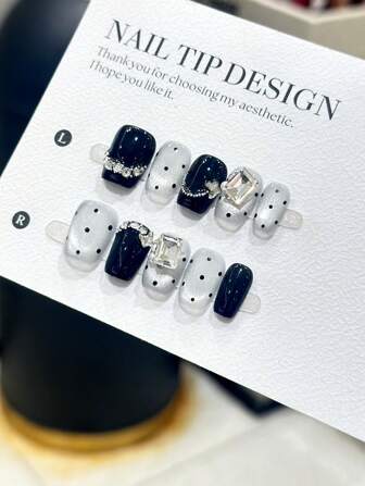 10 件/套手工制作的短梯形指甲贴，镶嵌点状猫眼水钻，黑白风铃指甲贴，可提升肤色，时尚奢华的纯色风格适合日常佩戴，搭配指甲配件按压式指甲，美甲用品