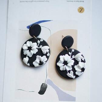 1 Pair Handmade Polymer Clay Floral Earrings Monochrome Black & White Statement Dangles; Arch, Round, Oval & Square Drops With 3D Flowers And Gold-Tone Accents; Lightweight Minimalist Boho Vintage Aesthetic Fashion Jewelry For Women Girls, Daily Work Party Wedding Gift