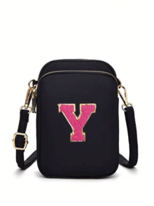 2 Peças Bolsa Transversal Fashion Casual Mini para Caminhada com Bolsa de Tecido para Celular, Porta-moedas Vertical para Mulheres e Meninas, Presentes para Volta às Aulas, Outono e Inverno, Dia dos Namorados (Adesivos de Letra DIY) - Preto - Visão 10