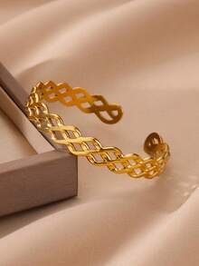 1 件经典链环袖口手镯，适合女士，18K 镀金不锈钢开口可调节手镯，简约时尚珠宝配饰，适合女士的礼物 - 金黃色 - 查看 6