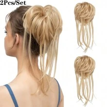 2Pcs/Set Elegant Wavy Curly Bun Scrunchie - Instant Volume & Chic Updo, Easy Attach For Women, Perfect For Every Occasion - 淺蜜金髮 - 查看 1