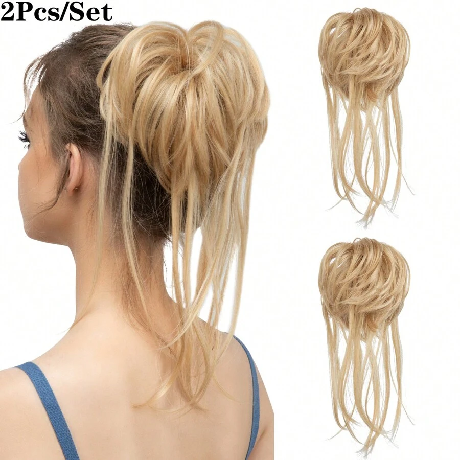 2Pcs/Set Elegant Wavy Curly Bun Scrunchie - Instant Volume & Chic Updo, Easy Attach For Women, Perfect For Every Occasion - 淺蜜金髮 - 查看 1