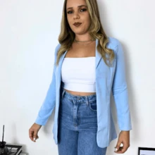 Women's Tailored Blazer, Long Sleeve, With Fake Pockets, Puff Sleeve, Lapel Collar, Maxi Long, Elegant, Casual Fitted, National Shipping Summer Promotion Refresh Your Summer WOMEN'S FASHION - 藍色 - 查看 2