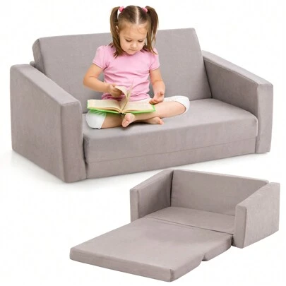 2-In-1 Toddler Fold Out Couch, Children's Convertible Sofa With Washable Sofa Cover, Kids Furniture Flip Open Couch And Sleeper For Kids'Room, Bedroom, Playroom, Grey