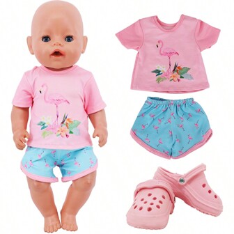 4pcs/Set 18 Inch Girl Doll Flamingo Print Pajamas Outfit(Including 1 Pajama Set, 1 Pair Sandals), Children Role Play Toys/Birthday Gift