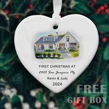 为新家定制第一个圣诞装饰，个性化水彩房子照片心形陶瓷圣诞装饰品，家庭住址和夫妇姓名圣诞装饰，带礼品盒的圣诞礼物 - 米色 - 查看 5