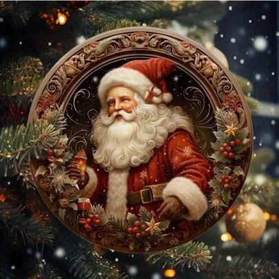 1 st vägghängande krans med jultomtens familj - 8"x8" rund metallskylt, inomhusbruk - festligt tema - vardagsrumsdekoration - ingen el krävs - högkvalitativt tryck, vertikal, väderbeständig - lämplig för hem, kök, trädgård, garage och kontorsinredning, passar för hem, restaurang, café, garagedekoration, olika designer, heminredning, rumsdekoration, väggdekoration, födelsedagspresent, examenspresent. Förborrade hål slumpmässigt fördelade på toppen, botten, vänster och höger