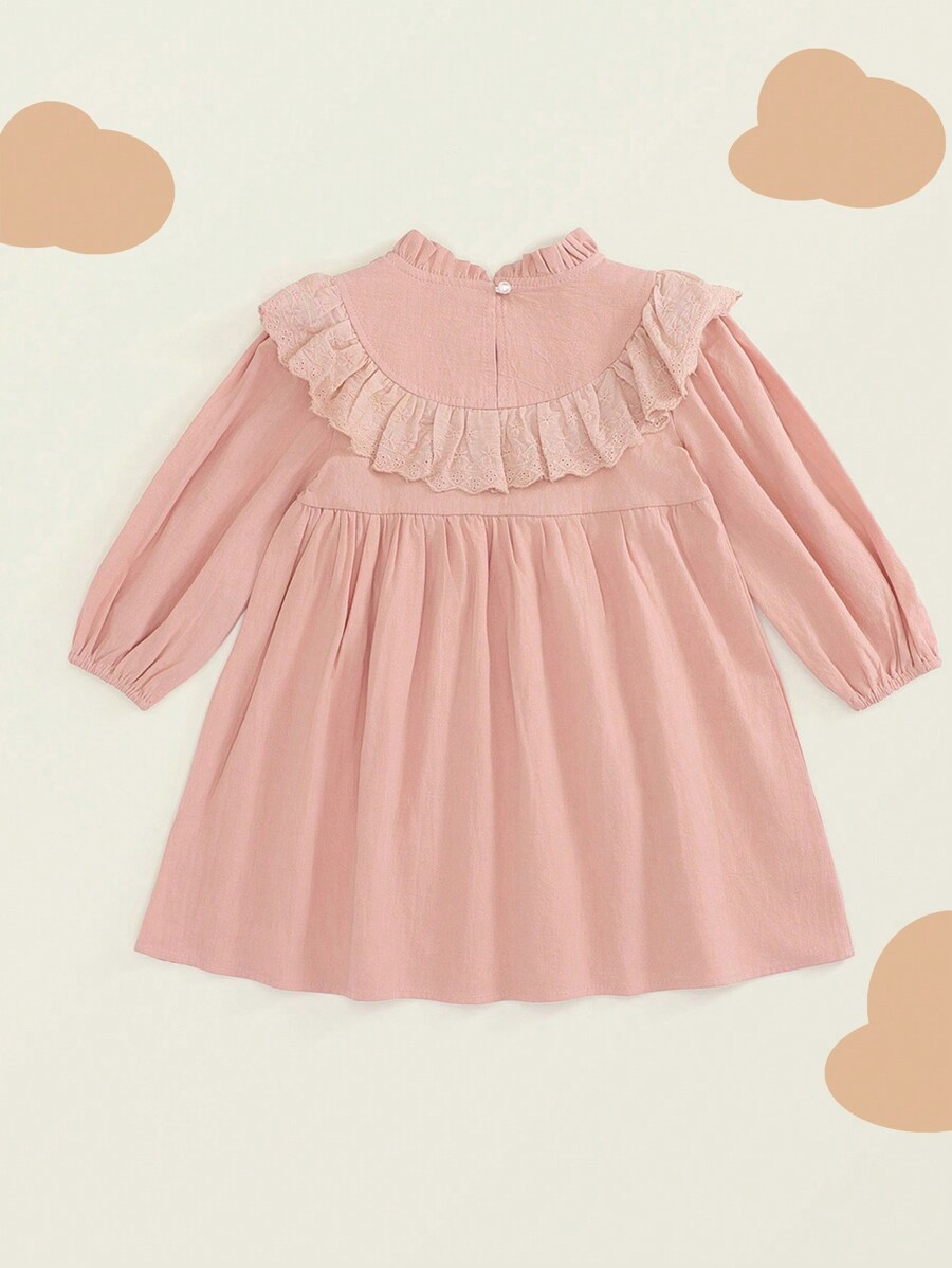 1pc Girls Retro French Floral Embroidery Ruffle Hem Long Sleeve Pink