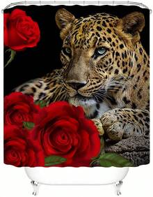 Red Rose Cheetah Shower Curtain Cat Leopard Print Bath Curtain With 12 Hooks Romantic Flowers Bathroom Decor Curtain Set With Non-Slip Rugs, Toilet Lid Cover Bath Mat For Bathtubs (Red Rose Cheetah) - Brown - View 2