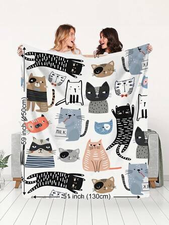 1 件抽象手绘风格，卡通可爱猫咪/动物/宠物图案柔软毛绒毯子，适用于客厅、沙发、椅子和卧室，适合旅行、露营、礼物