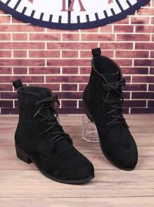 Women's New Round Toe Solid Black High Top Lace-Up Low Heel Ankle Boots, Fashionable Casual Four Seasons Short Boots, Retro Square Heel Dress Boots