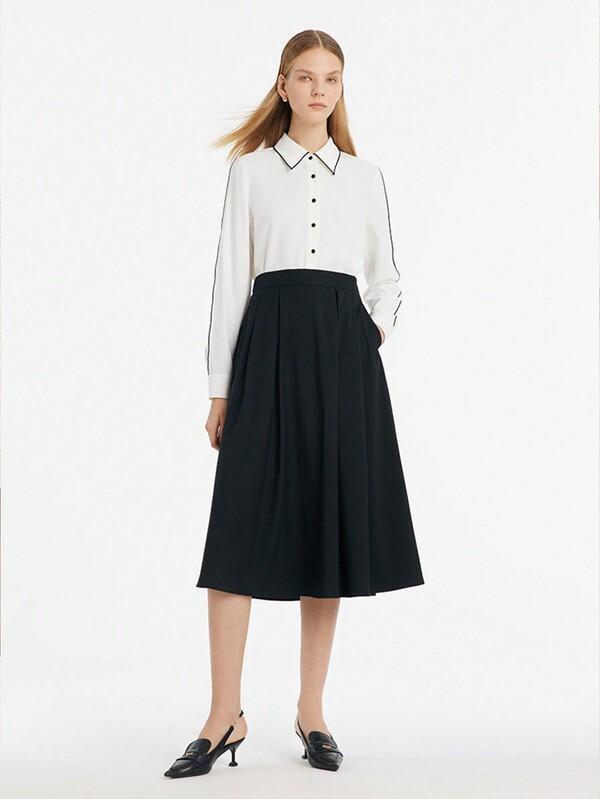 GOELIA Contrast Trim Commute Women Shirt,Women's Black And White Shirt For Commuting,Minimalist Commuting Shirt