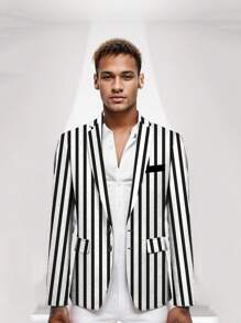 Men's Black And White Striped Casual Suit, Everyday Casual, Outdoor Casual Blazer - Black - View 2