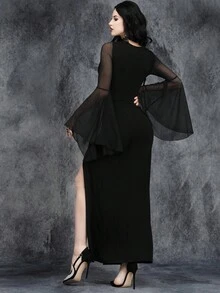 女式哥特式性感金属镂空万圣节派对拼布连衣裙，黑色优雅长袖正式晚会舞会礼服，适合婚礼嘉宾、毕业典礼、晚宴