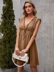 Ruffle Trim Tunic Dress - Brown - View 2