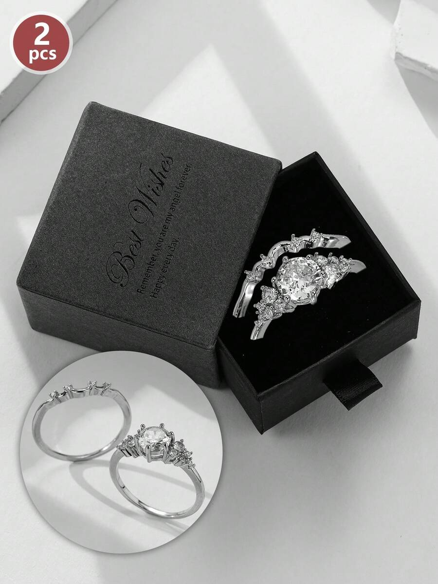 2pcs/Set White Gold Plated Rings With Cubic Zirconia, Elegant Wedding Engagement Rings, Gift Set For Women Christmas Gift - Silver - View 1