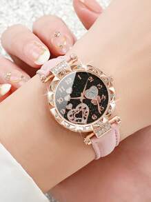 3 pièces/set Montre à quartz avec cadran chiffré et cœur sertis de strass, bracelet. Ensemble de la Saint-Valentin pour femme
