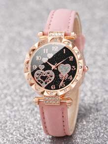 3 pièces/set Montre à quartz avec cadran chiffré et cœur sertis de strass, bracelet. Ensemble de la Saint-Valentin pour femme