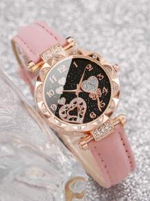 3 pièces/set Montre à quartz avec cadran chiffré et cœur sertis de strass, bracelet. Ensemble de la Saint-Valentin pour femme