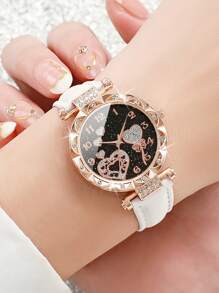 3 pièces/set Montre à quartz avec cadran chiffré et cœur sertis de strass, bracelet. Ensemble de la Saint-Valentin pour femme