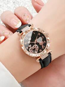 3 pièces/set Montre à quartz avec cadran chiffré et cœur sertis de strass, bracelet. Ensemble de la Saint-Valentin pour femme