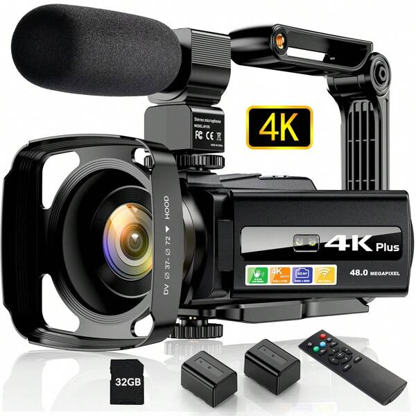Nicamery Cámara de vídeo de 4K 60FPS 48.0MP con WiFi, visión nocturna infrarroja, pantalla táctil de 3.0", 16X zoom, estabilización de 6 ejes, incluye control remoto, 2 baterías, tarjeta de memoria de 32GB, parasol y trípode