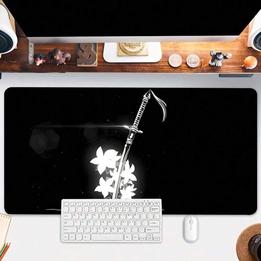 Samurai Sword Mouse Pad Large Desk Mat For Office Home Or Gaming Non Slip Durable Stitched Edges Zen Flower Design Ideal Gift For Friends - Black and White - View 1