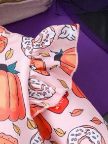 Young Girl Long Sleeve Halloween Pumpkin Printed Bowknot Mesh  & Cute Dress