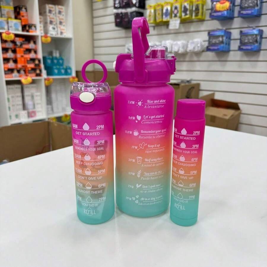 Kit 3 Motivational Water Squeezer Bottles With Sticker Gym School Trip 2000ml 900ml 300ml Children's Day - KIT hồng cam xanh - Xem 1