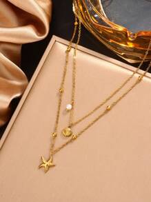 1pc Beach Style Double Layer Stainless Steel Necklace With Shell And Star Pendant, Suitable For Women To Wear On Beach Parties Or Vacations, Also Works As Gift For Her - Yellow Gold - View 2