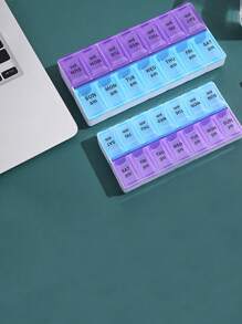1pc/2 Rows 14 Grid Blue&Purple Pill Box, Convenient Portable Mini Travel Large Capacity Moisture-Proof Sealed Easy To Distinguish Morning & Night Tablet Capsule Vitamins Organizer Box With Braille Identification, 1 Week 7 Days AM&PM Medicines Dispenser, Material