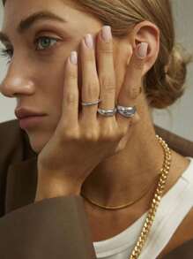 14K Gold Plated Stackable Rings Set For Women | 3 Chunky Statement Rings Pack | Stackable Bands Set Chunky Ring Simple Hammered Twisted Braided Finger Jewelry Gifts For Teen Girls Chunky Gold Rings For Women Adjustable Silver Bold Thick Rings Gold Statement Rings Open Dome Ring Chunky Silver Rings For Women Minimalist Simple Rings - Silver - View 3