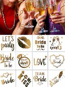 12 Blatt Flash Gold Metallic Tattoos, Jubel Junggesellinnenabschied temporäre Tattoos für Frauen Männer Erwachsene Mädchen Junggesellinnenabschied Party, Geschenkzubehör Gold Sommersprossen Dekorationen für Hochzeit Brautjungfern Stammesliebes-Kuss-Set