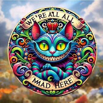 1pc kleurrijk Cheshire Cat metalen bord met "We're All Mad Here" citaat, decoratieve kunst, 20 cm/7,87 inch, grillige dierenmuurdecoratie voor thuis, tuin, woonkamer, eetkamer, slaapkamer, hal