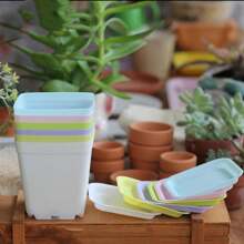 10/20pcs Colorful Mini Square Succulent Pot With Tray Plastic Flower Pot Plant Growing Container Suit For Home Garden Balcony Office - Multicolor - View 3