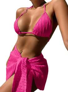 Bikini Set Trikini 3 Piece Kit Skirt Beachwear - Hot Pink - View 1