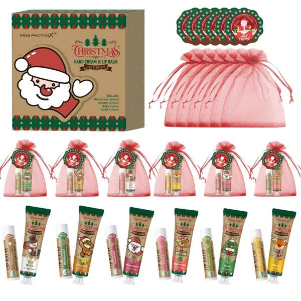 MISS FACTORX Juego de regalo de Navidad de 24 piezas: Set de crema de manos, Set de bálsamo labial, tarjeta de Navidad y bolsa de regalo roja, favor de boda para invitados, regalo navideño para mujeres, obsequio para equipo corporativo