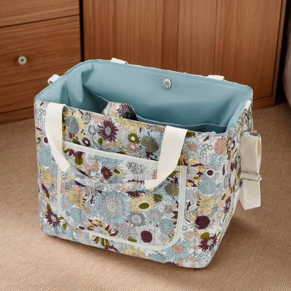حقيبة حفاضات بطبعة زهرية قطعة واحدة، حقيبة يد مبطنة سعة كبيرة لخروجات الطفل اليومية، حقيبة أم على الكتف
